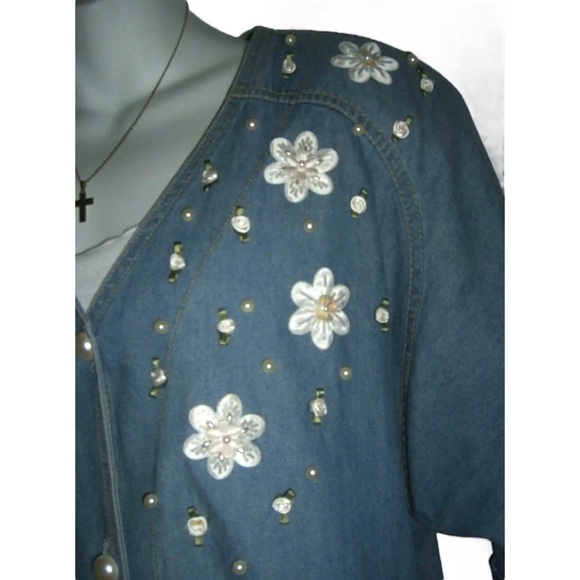 Vintage 80's Bingo Top Denim Pearls Cardigan Flower Sequin Shirt Plus Grandma 16 - Picture 8 of 12
